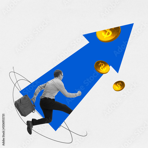 Bilde på lerret Man running with briefcase towards rising coins and blue arrow, illustrating pursuit of financial success