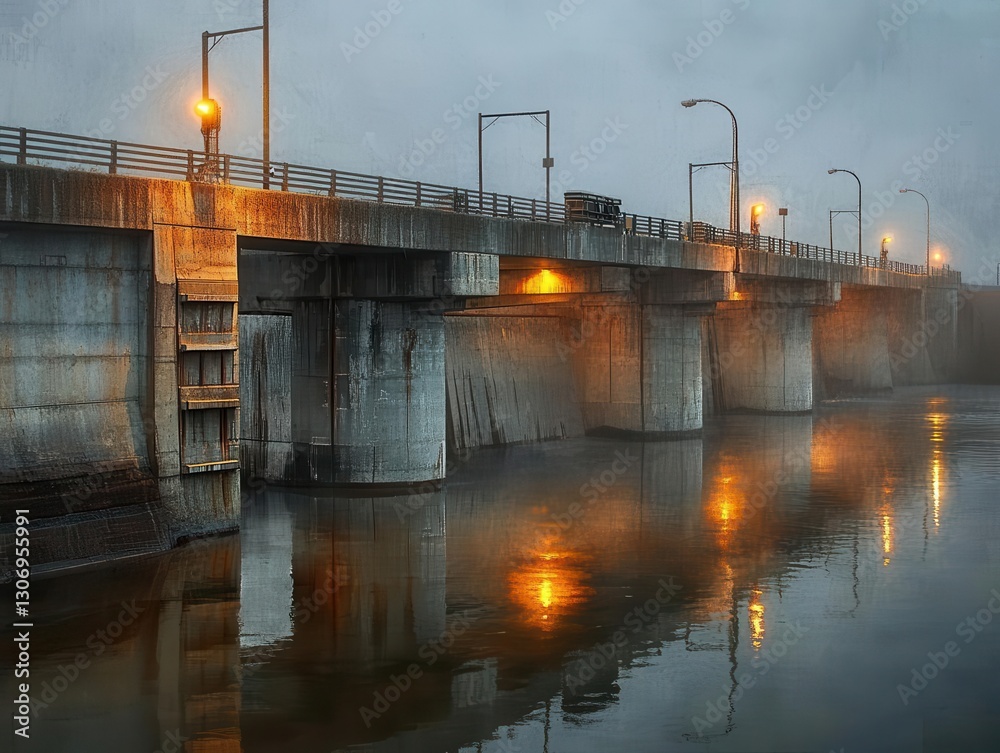 Naklejka premium Foggy Night Bridge Reflection with Streetlights over Calm Water