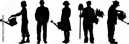 set of gardeners, vegetable growers black silhouettes, vector