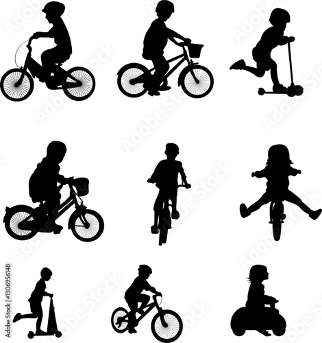 set of children riding bicycles black silhouettes, vector