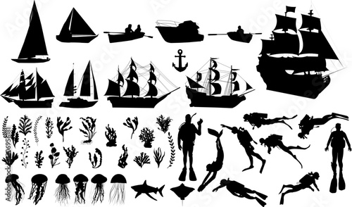 set of ships, scuba divers, fish, seaweed black silhouettes, vector
