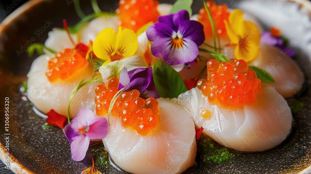 A fine dining plate with seared scallops, artfully arranged with bright edible flowers and a luxurious touch of caviar. A fine dining plate with seared scallops, artfully arranged with bright edible flowers and a luxurious touch of caviar.