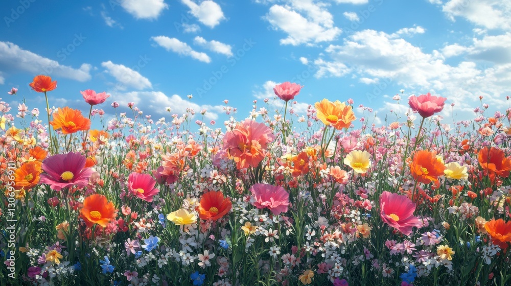 Obraz premium A vibrant field of colorful flowers under a bright blue sky, dotted with fluffy clouds, creating a picturesque and serene landscape.