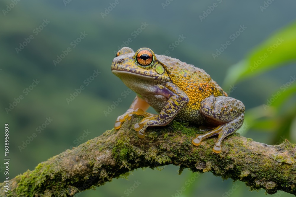 Fototapeta premium A mossy frog blending perfectly into a tree branch, its camouflage nearly flawless