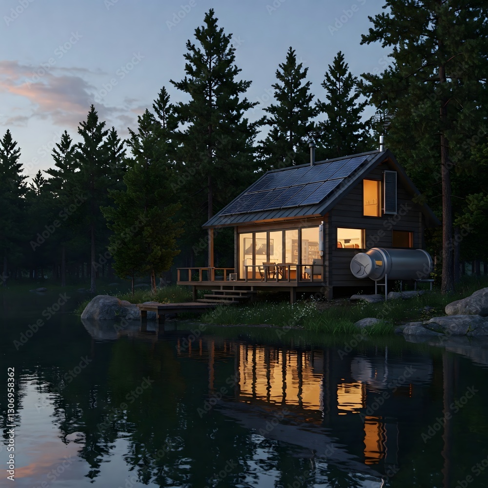 Twilight Lakeside Escape: Modern Cabin Reflecting in Still Water Twilight Lakeside Escape: Modern Cabin Reflecting in Still Water