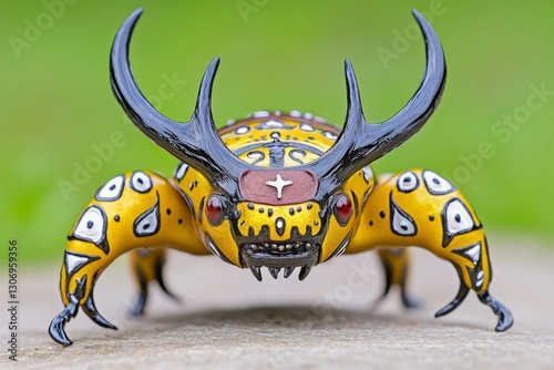 A mystical stag beetle (Arthropoda) with golden armor-like exoskeleton, revered as a sacred creature in an ancient temple