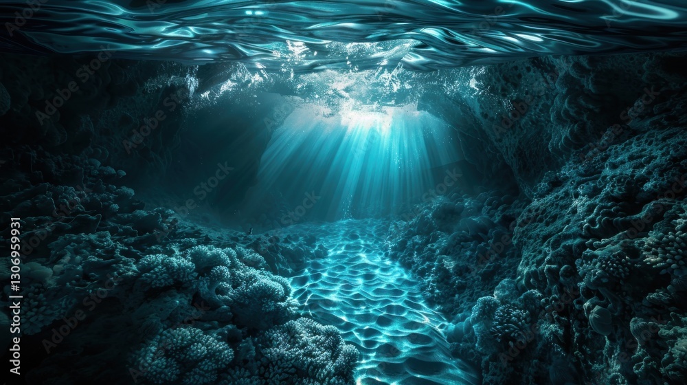 Obraz premium Underwater cave with bright light shining through the surface