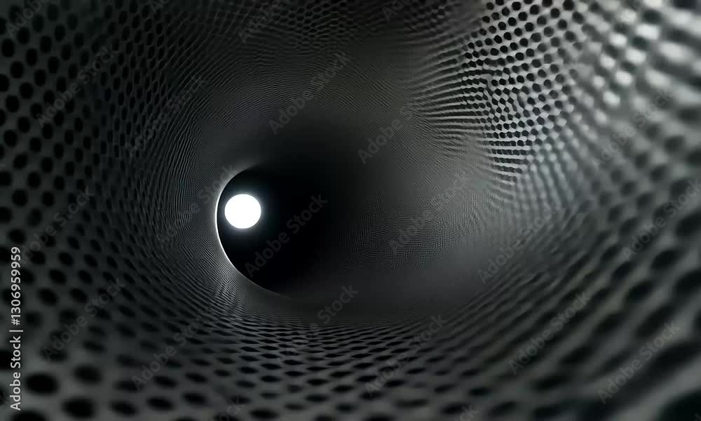 Abstract view of a perforated tube with light at the end, creating a sense of depth and perspective