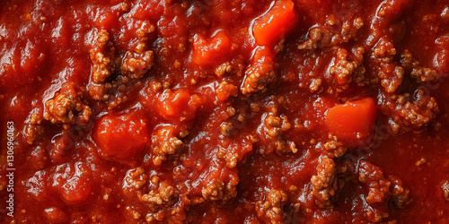 A thick, meaty Bolognese-style tomato sauce, rich with ground beef, macro shot, close-up texture, top view