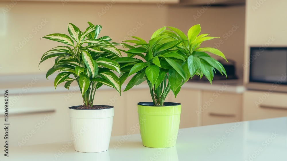 Green Houseplants on Clean Kitchen Counter with Soft Natural Lighting Green Houseplants on Clean Kitchen Counter with Soft Natural Lighting