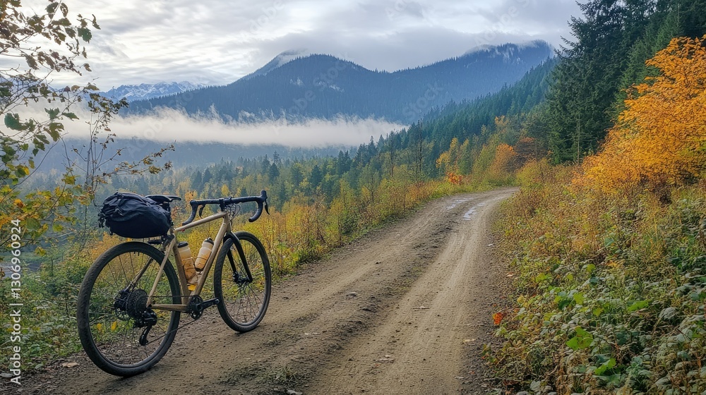 Obraz premium A gravel bike with drop handlebars and tubeless tires on a scenic dirt trail.