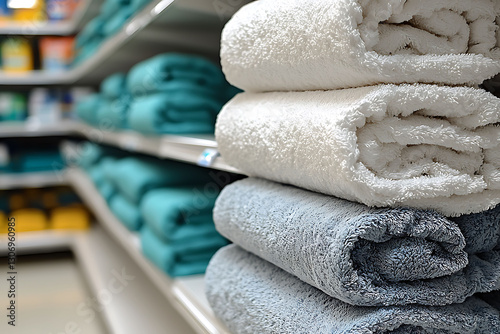 Soft, fluffy bath towels neatly stacked on store shelves.  A visual representation of comfort, cleanliness, and retail. Perfect for advertising, home goods, and lifestyle imagery.