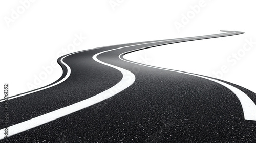 a winding road with smooth asphalt and white lane markings. set against a minimalistic white background the curves of the road suggest movement and journey. evoking a sense of exploration and adventur photo