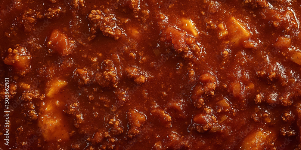 A thick, meaty Bolognese-style tomato sauce, rich with ground beef, macro shot, close-up texture, top view