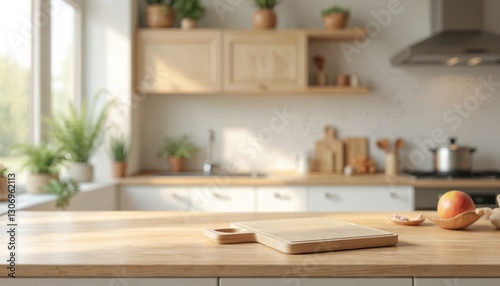 Modern kitchen features light wood countertop, blurred background with cooking utensils, decor items for stylish look. Wooden cutting board on table in cozy interior. Scandinavian design elements.