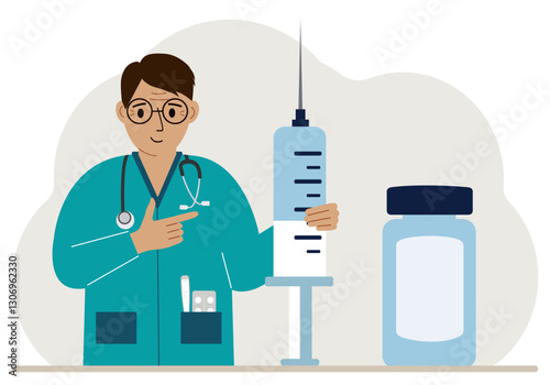 Wallpaper Mural Male doctor with a large syringe and ampoule. Vector flat illustration Torontodigital.ca