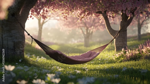 A hammock tied between two trees in a spring meadow, peaceful and relaxing, ultra-detailed, 8k