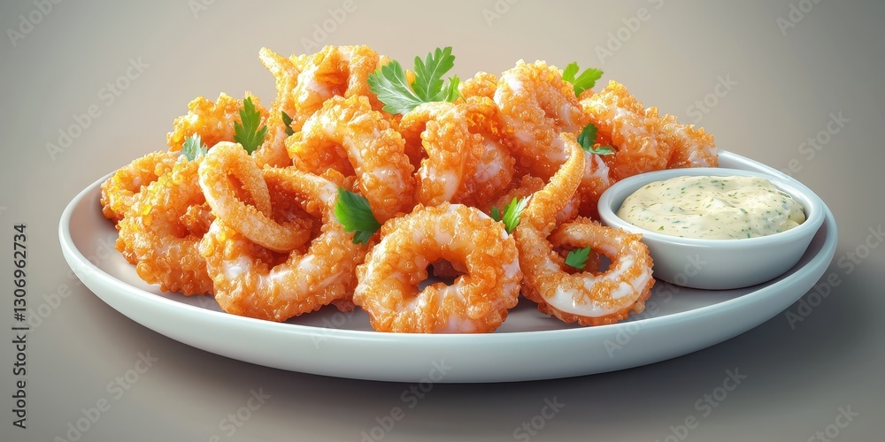 Realistic 3D Icon Cartoon of A Plate of Fried Calamari with Tartar Sauce Realistic 3D Icon Cartoon of A Plate of Fried Calamari with Tartar Sauce