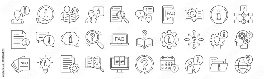 Information Knowledge Sharing line icon set. Vector pictograms of info, FAQ, manual, search, guidance, instruction thin linear illustration. Information Knowledge Sharing line icon set. Vector pictograms of info, FAQ, manual, search, guidance, instruction thin linear illustration.