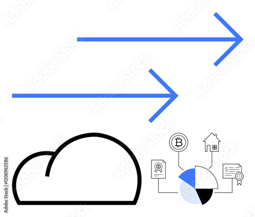 Arrows convey data transfer to cloud storage. Right side depicts digital assets thumbs up cryptocurrency, home, documents insights. Ideal for technology, data flow, finance, cloud integration