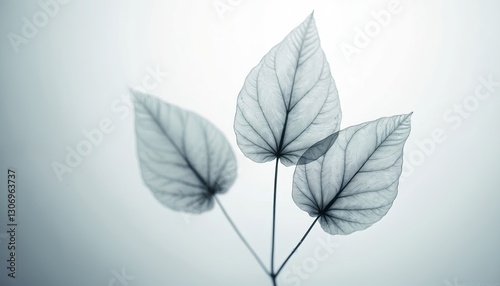 Minimalist x-ray photo of three translucent leaves on white background. Ethereal dark botany wallpaper presents plant veins, leaf structure, delicate nature beauty in decorative botanical composition.