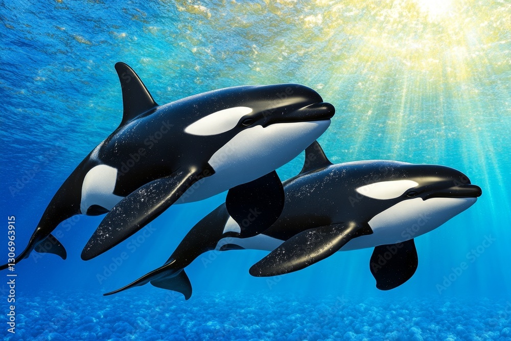 Naklejka premium A pod of orcas swimming gracefully through icy Arctic waters