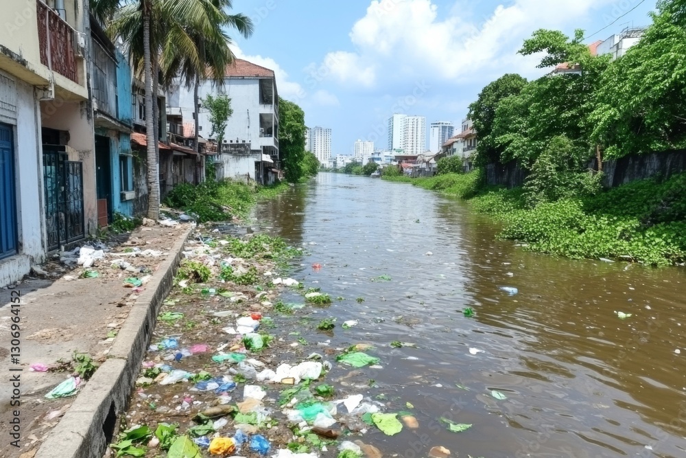 Fototapeta premium A polluted river with floating plastic waste and dark, murky water