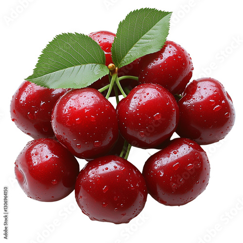Bright Composition of Ripe Red Cherries With Leaves and Fresh Water Droplets