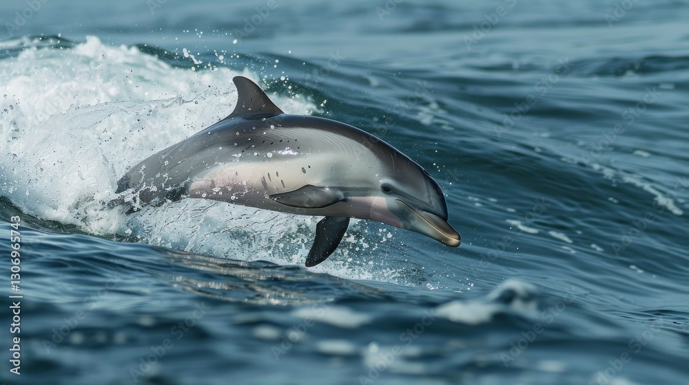 Fototapeta premium A dolphin leaping gracefully out of the ocean water waves
