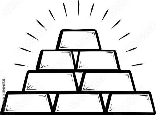 gold investment and diversification icons corrections Pyramid of gold bars with rays of light behind it.