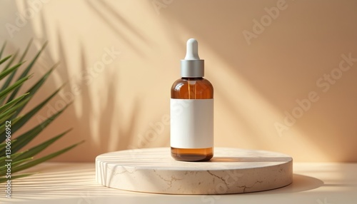Cosmetic flacon mockup showcases blank white label on beige cylinder podium. Brown bottle with dropper, palm leaf shadow. Concept of natural beauty care product. Perfect for advertising serum or oil.