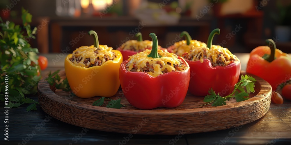Realistic 3D Icon Cartoon of A Plate of Stuffed Peppers with Cheese on a Rustic Wooden Tray with a Softly Blurred Family Dinner Background Realistic 3D Icon Cartoon of A Plate of Stuffed Peppers with Cheese on a Rustic Wooden Tray with a Softly Blurred Family Dinner Background