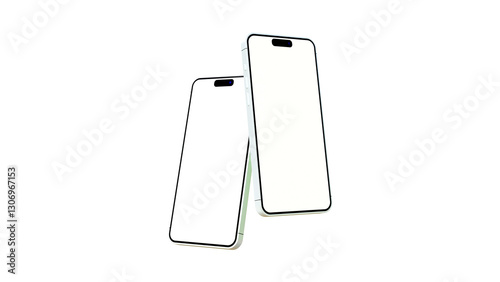 Two mobile phones mockup for application display or presentation. Blank screen smartphone floating on a blue background. Smartphone mock up.