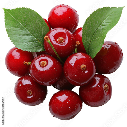 Bright Composition of Ripe Red Cherries With Leaves and Fresh Water Droplets