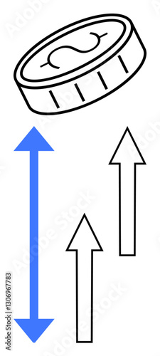 Single coin with dollar sign paired with arrows pointing upwards. Ideal for finance, economic success, investment planning, business growth, financial trends, wealth creation, upward momentum. Flat