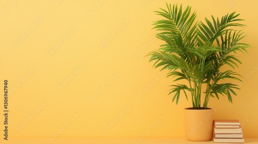 Lush green plant in a pot beside stack of books against a bright yellow background Lush green plant in a pot beside stack of books against a bright yellow background