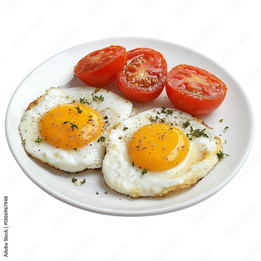 plate of eggs with tomato isolated on transparent white background, clipping path. plate of eggs with tomato isolated on transparent white background, clipping path.