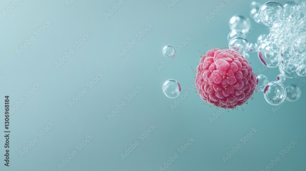 A minimalist composition of a single raspberry slowly descending in clear water with rising bubbles. A minimalist composition of a single raspberry slowly descending in clear water with rising bubbles.