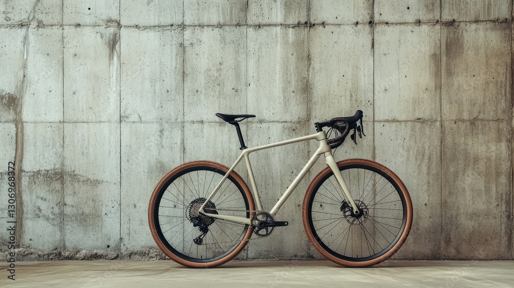 A minimalist gravel bike parked in front of an industrial concrete wall. A minimalist gravel bike parked in front of an industrial concrete wall.