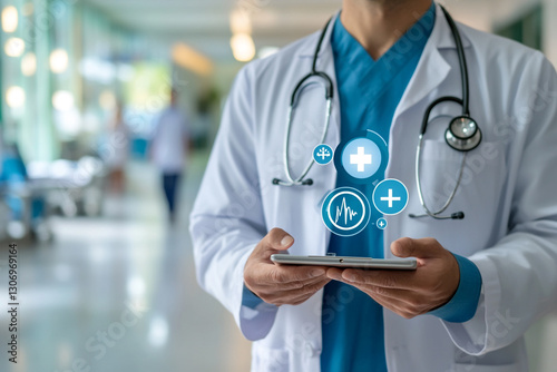 Doctor using digital tablet modern healthcare technology medical professional nurse clinic future