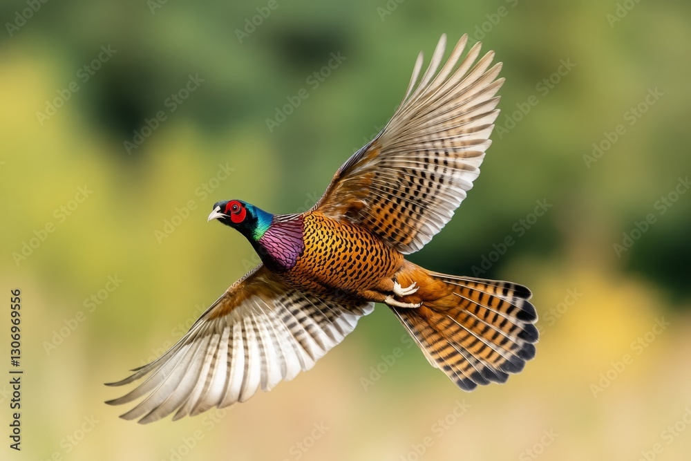 Obraz premium A slow-motion shot of a pheasant in mid-flight, its wings fully extended