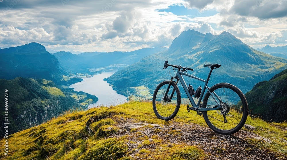 Fototapeta premium A modern gravel bike parked on a mountain ridge, overlooking a scenic valley.