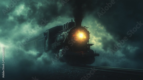 A dark train emerging from the fog, with smoke billowing upwards and illuminating its path.