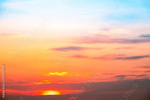 Sky,sunset, beautiful , luxury soft gradient orange gold clouds and sunlight on the blue sky perfect for the background, Sunrise on morning or everning in winter warm time ,Twilight summer,silhouette