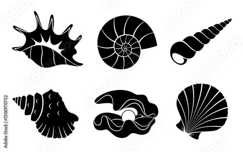Sea shells set, black silhouette isolated on white. Bivalve and screw or spiral seashells Nautilus, Scallop, Tridacna, Spider conch. Vector stencil clipart for marine design, print, icon or logo.