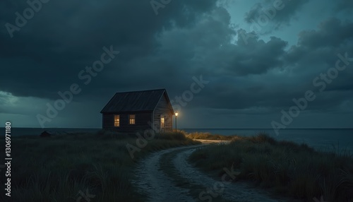 Dark house stands by sea under cloudy sky. Night scene features building, moody landscape with beach, storm approaching, eerie ambience, lonely retreat, bungalow under moonlight. Ideal for real