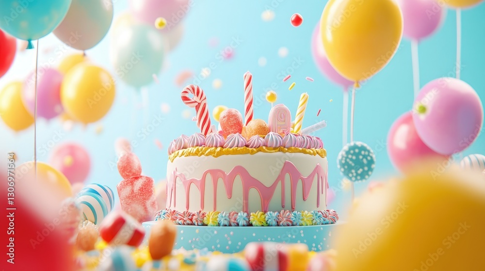 A playful birthday scene with a candy-covered cake, floating balloons, and party favors. A playful birthday scene with a candy-covered cake, floating balloons, and party favors.