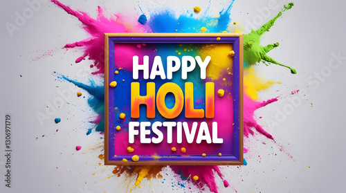 Wallpaper Mural Colorful Holi celebration background with text "Happy Holi festival" on a square frame. Powder color splash in multicolor decoration for the Hindu traditional holiday card, greeting poster, or banner. Torontodigital.ca