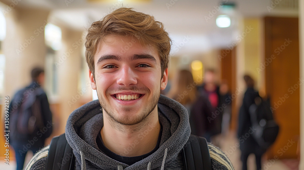 Fototapeta premium Happy smiling young man student portrait casual grey hoodie boy face smile model people person joyful