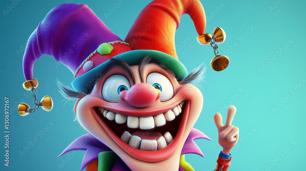 Naklejka premium Cartoon jester with smile and colorful hat with bells.